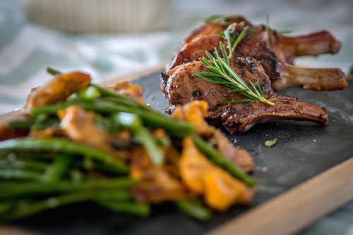 BeyondFood Grilled lamb chops with string beans spring mushrooms